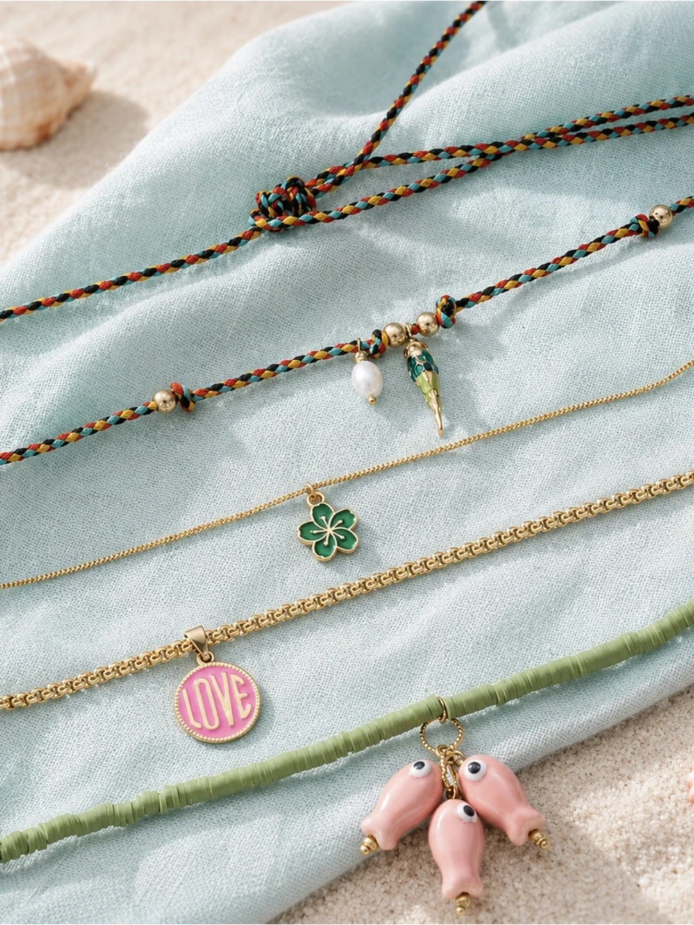 Gold Pink 'Love' Charm Necklace Layered Set